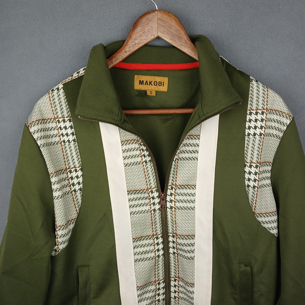 Makobi Track Jacket Mens Small‎ Olive Green Houndstooth Full Zip Athletic Wear